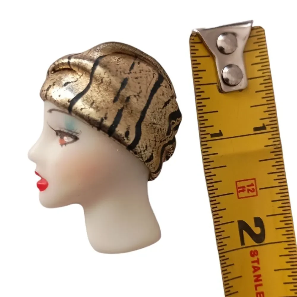 Lady Head Brooch Harlequin Cloche Wrap Hat Art Deco Flapper Acrylic Vintage 90s.